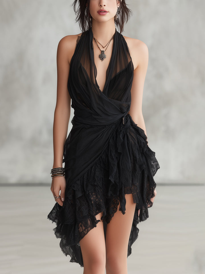 Lucienne™ | Halter Lace Ruffled Mini Dress