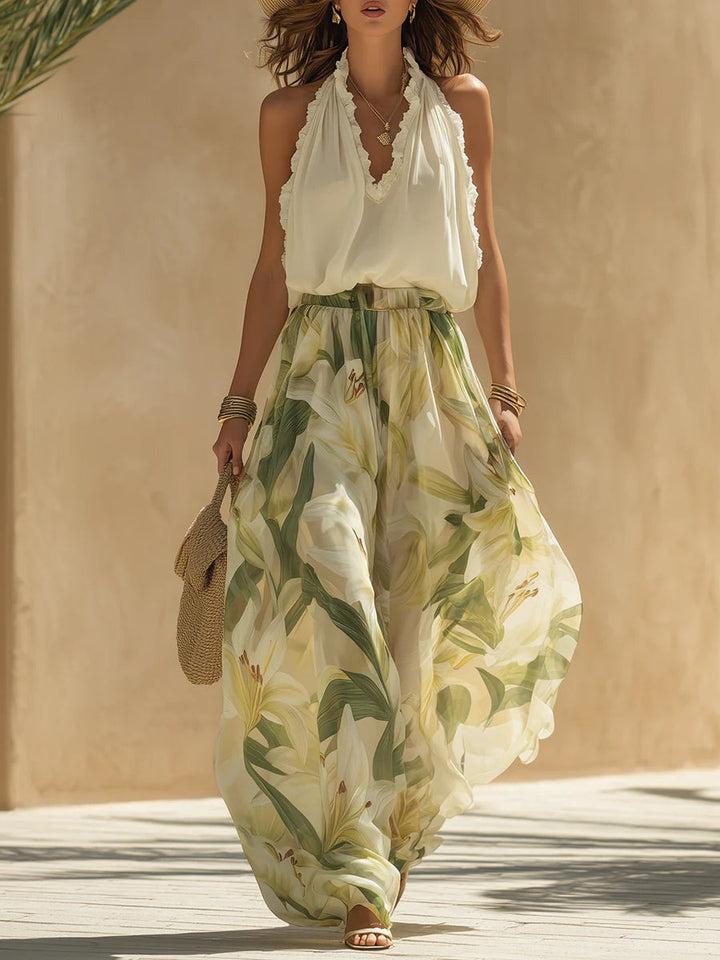 Alessandra™ | Chiffon Ruffle Top Print Trouser Set