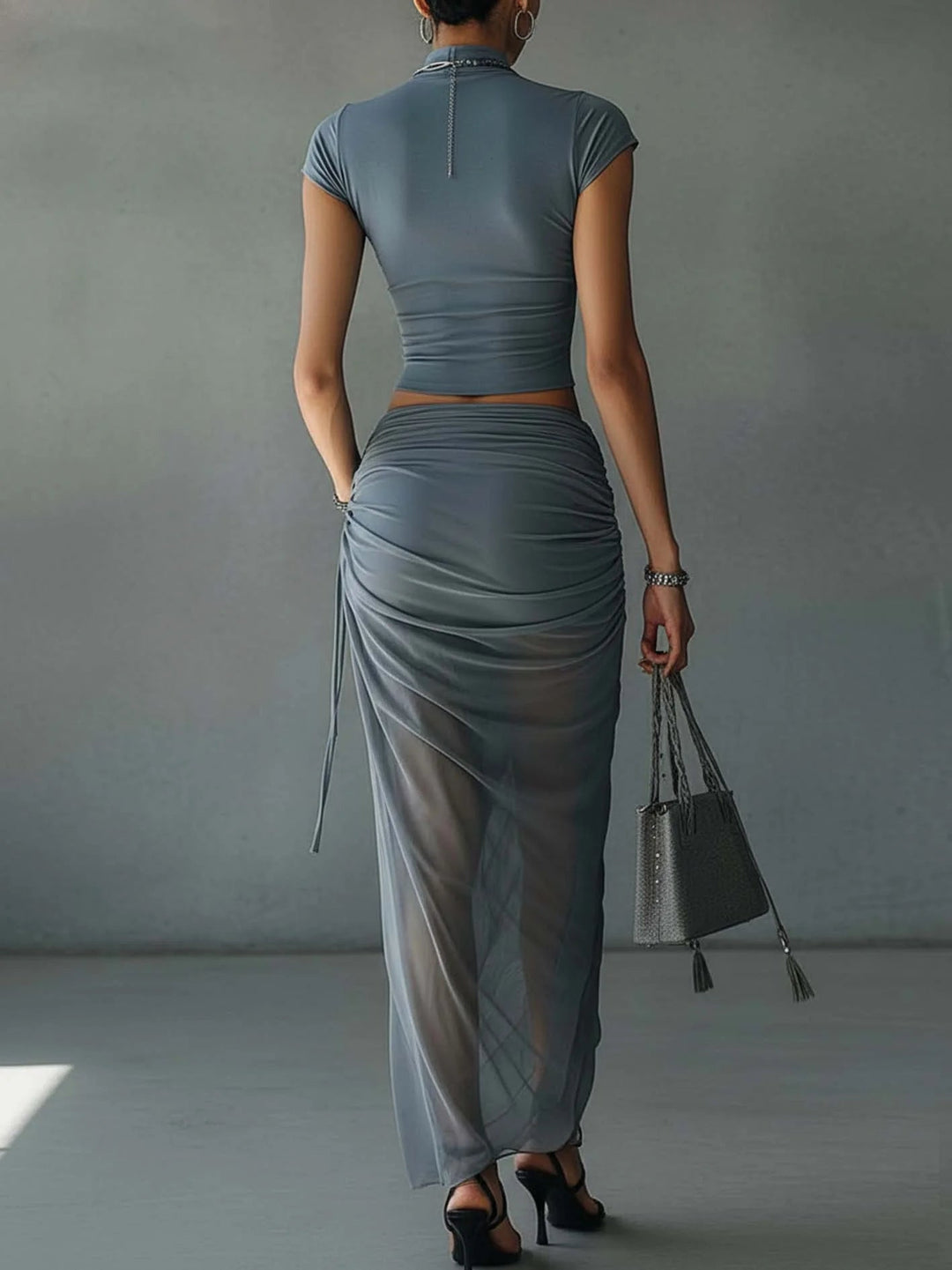 Noor | Cropped Tee & Sheer Draped Skirt Set