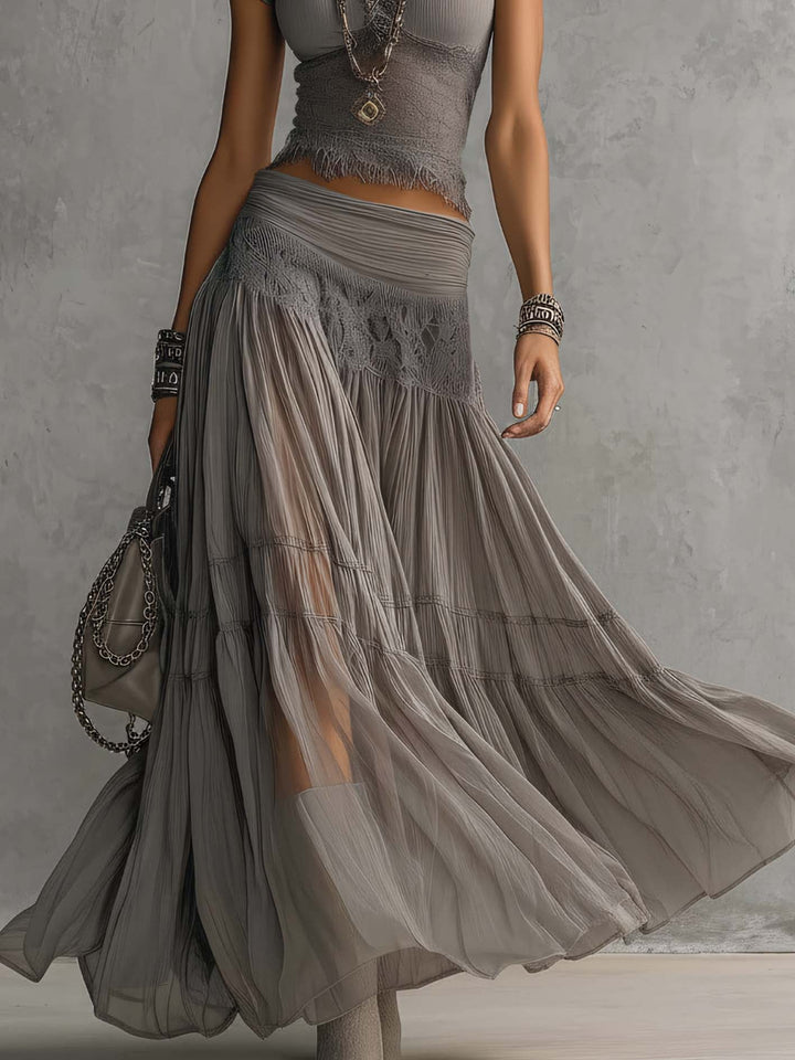 Vesper | Lace-Paneled Top & Pleated Maxi Skirt Set