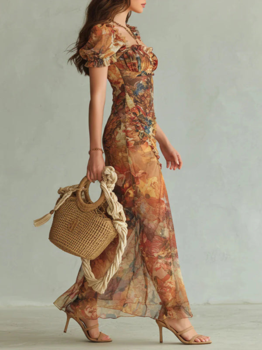 Elegant Maxi Dress with Square Neckline, Short Sleeves, and Floral Stripes
