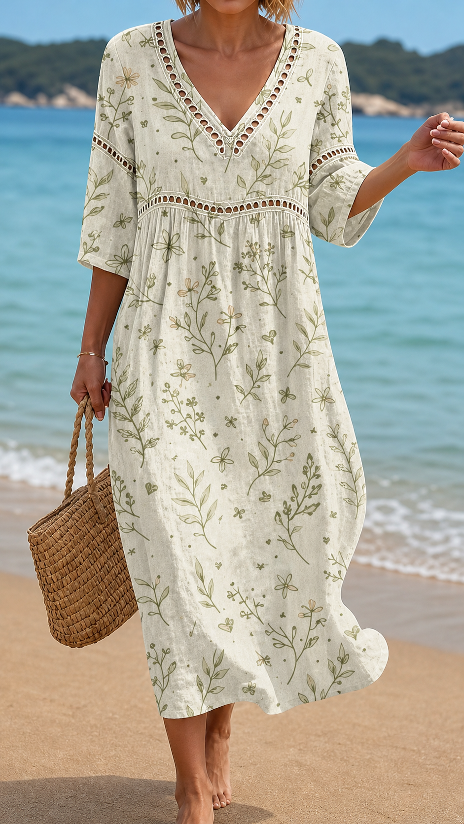 Linen Effect Beach Dress with Botanical Print