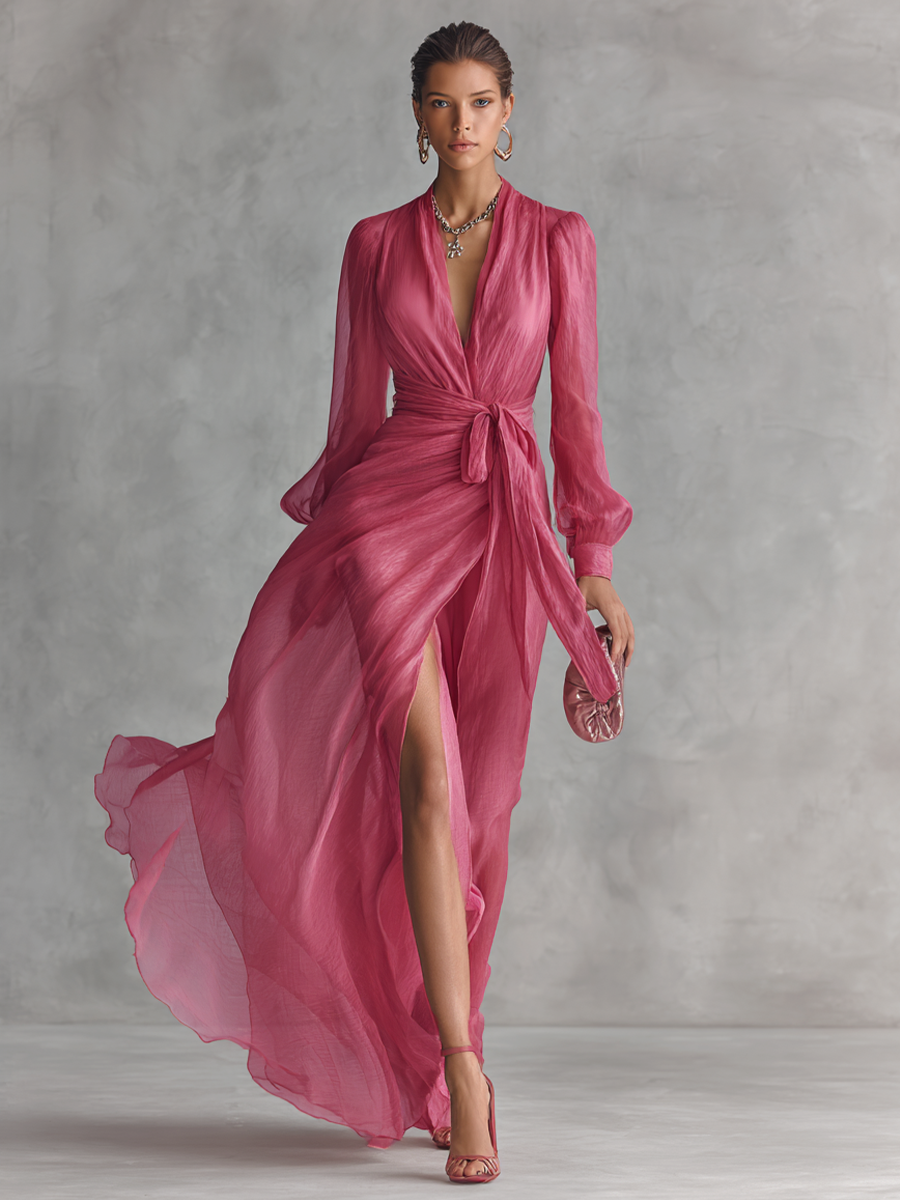 Elegant long women's dress in pearl pink chiffon with V-neck and waist belt