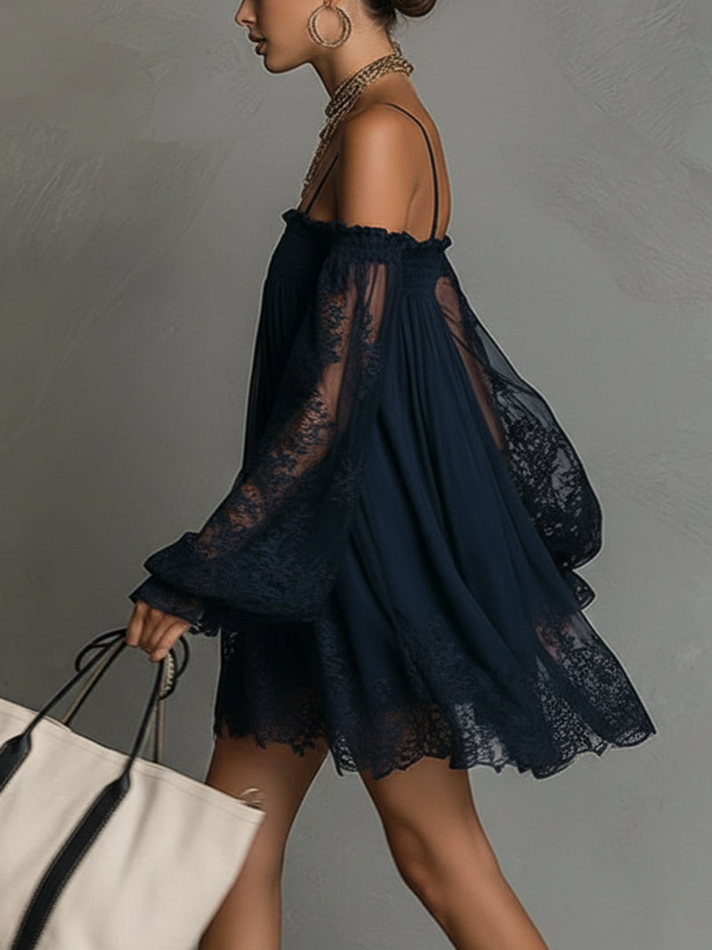 Betty™ | Navy Off-Shoulder Chiffon Mini Dress