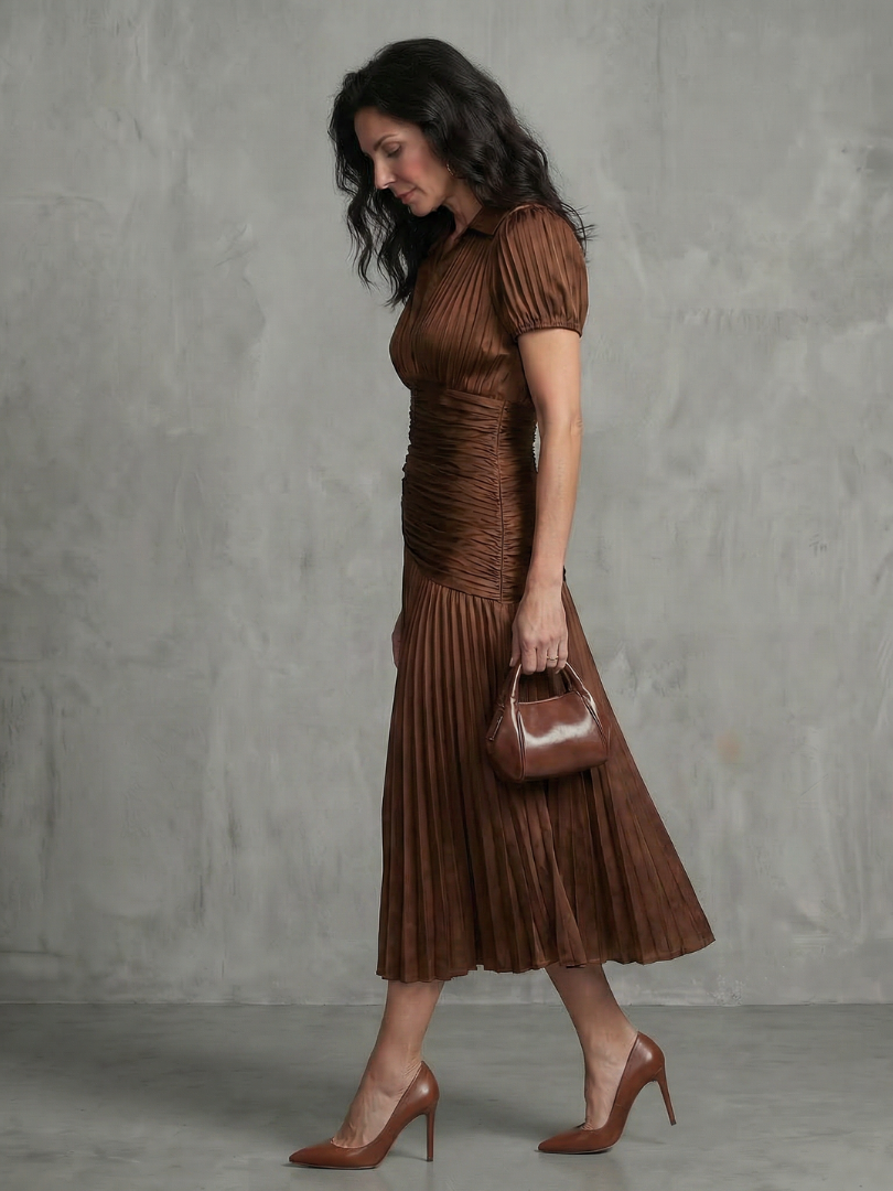 Theodora™ | Pleated Waist Stripe Midi Dress