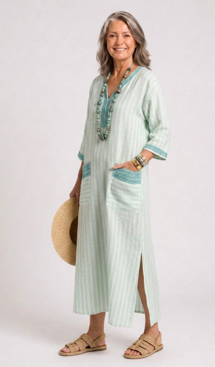 Velis | Striped V Neck Pocket Midi Dress