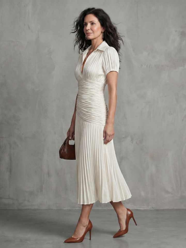 Theodora™ | Pleated Waist Stripe Midi Dress