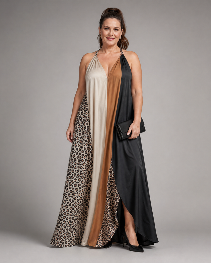 Zephielle | Color Block Animal Print Halter Flowing Maxi Dress