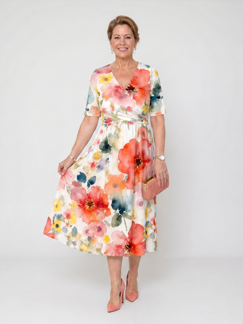 Corinne | Floral Print Short Sleeve V Neck Midi Dress