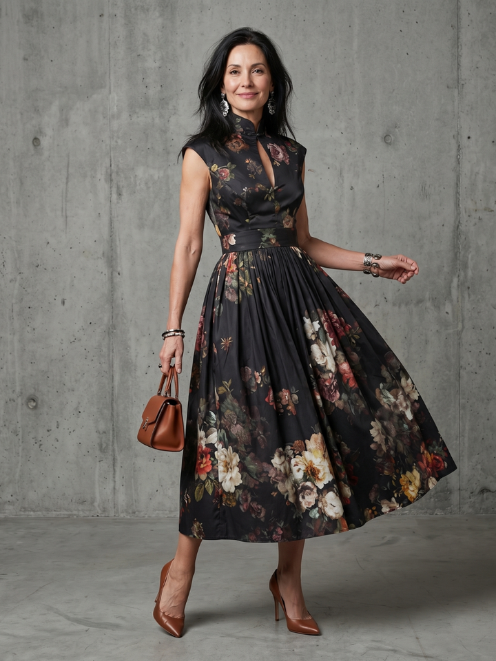 Greta™ | High Neck Keyhole Floral Midi Dress