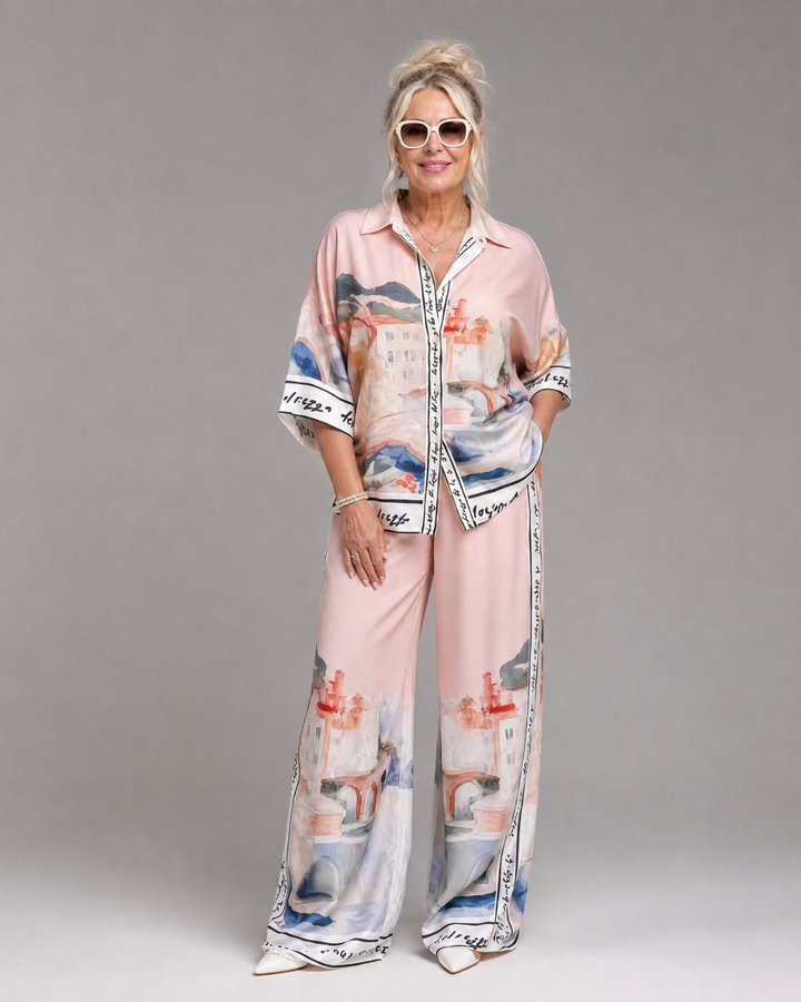 Akela | Scenic Print Button Front Shirt And Wide Leg Pants Set