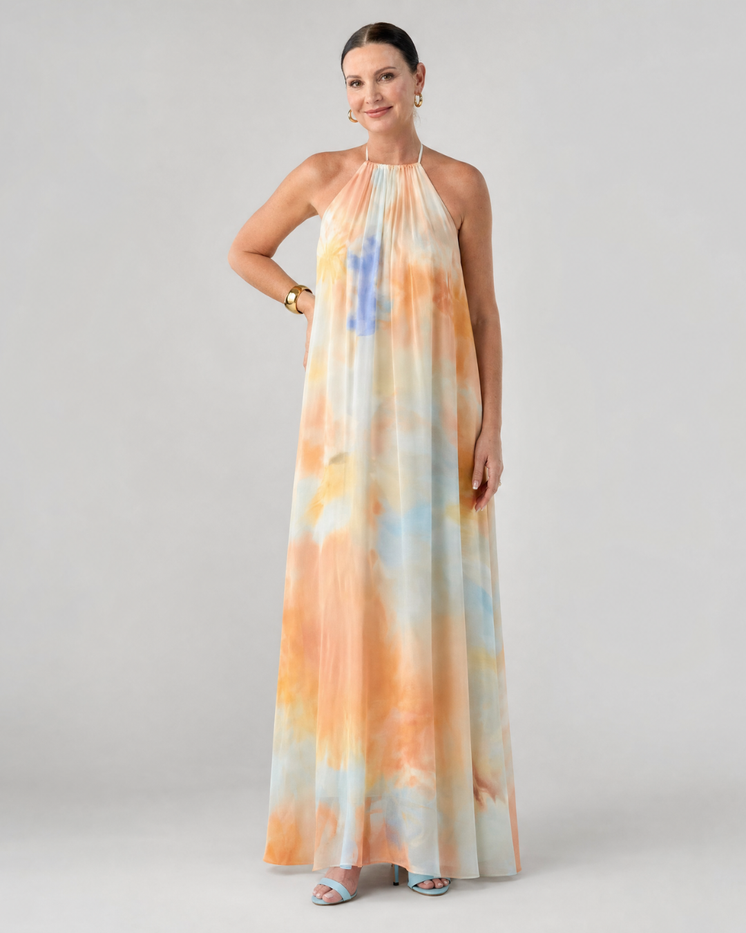 Eloque | Watercolor Halter Neck Flowing Maxi Dress