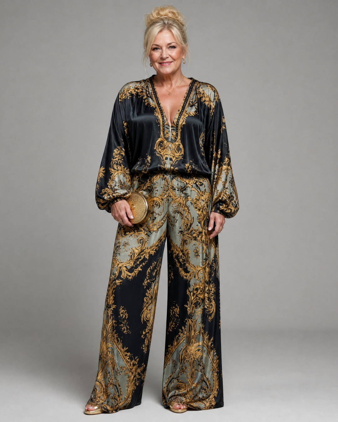 Valoria | Baroque Print Blouse And Wide Leg Pants Set