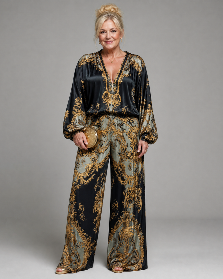 Valoria | Baroque Print Blouse And Wide Leg Pants Set