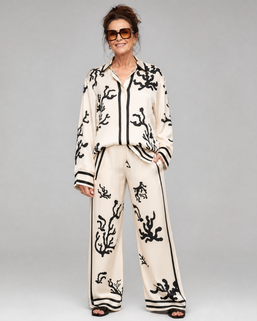 Omeni | Abstract Coastal Print Shirt And Wide Leg Pants Set