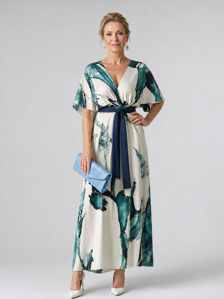 Moglos | Abstract Belted Flutter Sleeve Maxi Dress