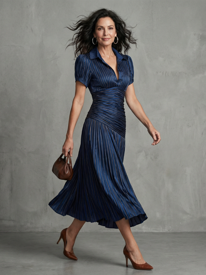 Theodora™ | Pleated Waist Stripe Midi Dress