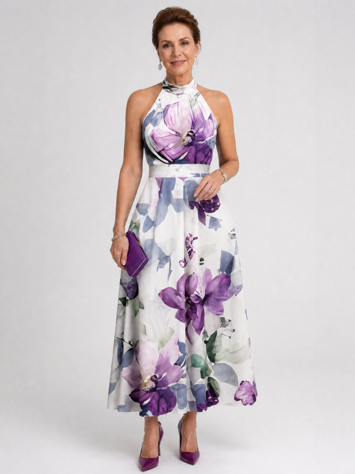 Omego | Soft Bloom Halter Neck Flowing Midi Dress