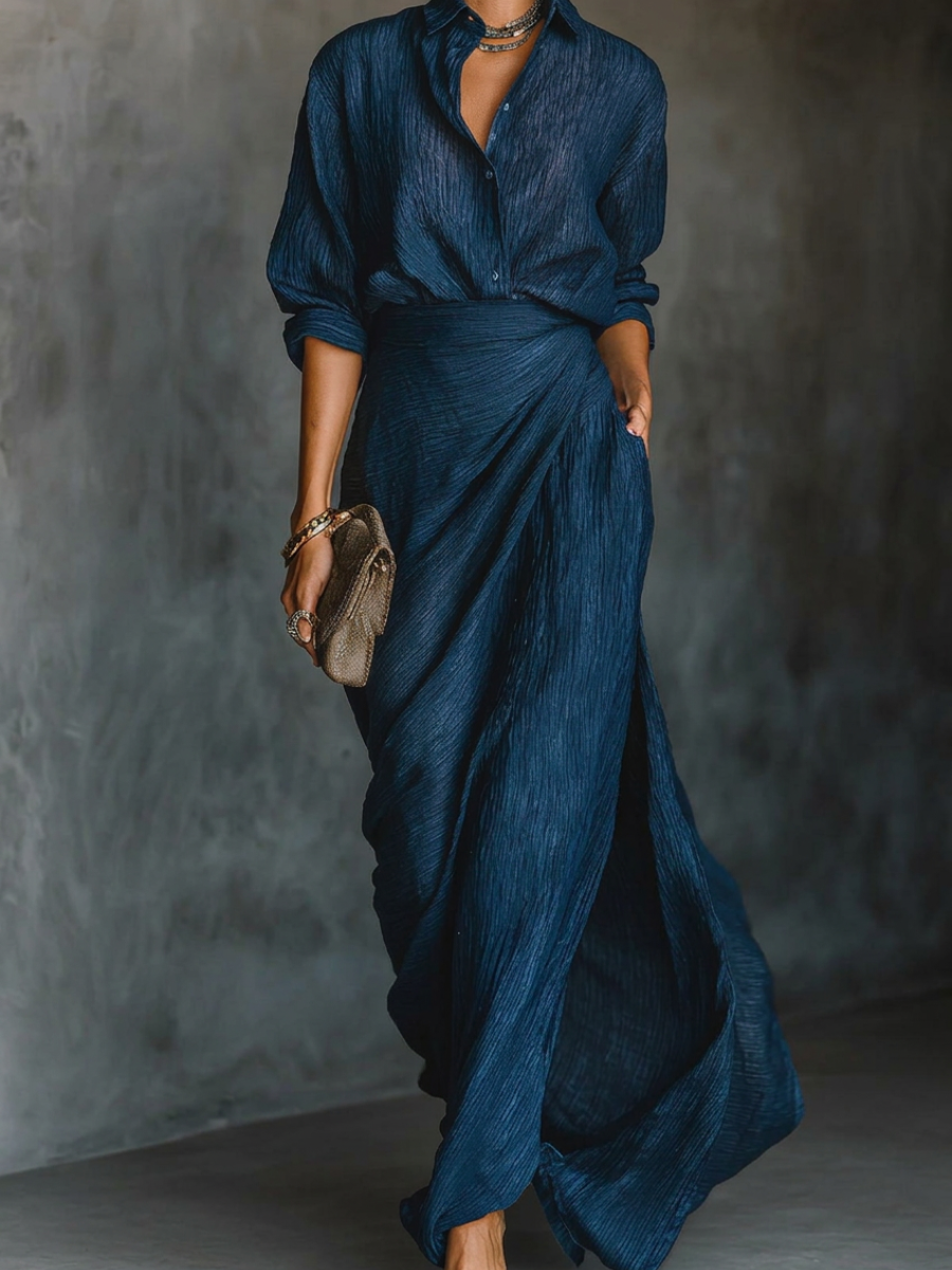 Long Sleeve Shirt Set with Collar and Elegant Solid Color Maxi Pleated Skirt