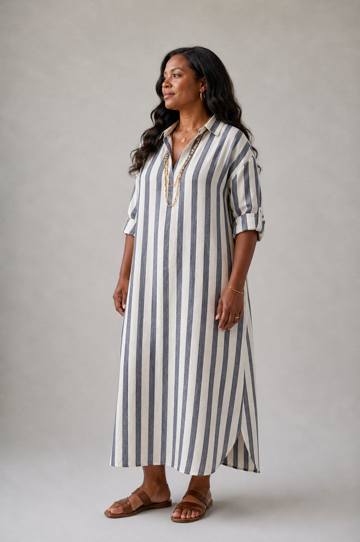 Naomi | Long Sleeve Striped Midi Shirt Dress