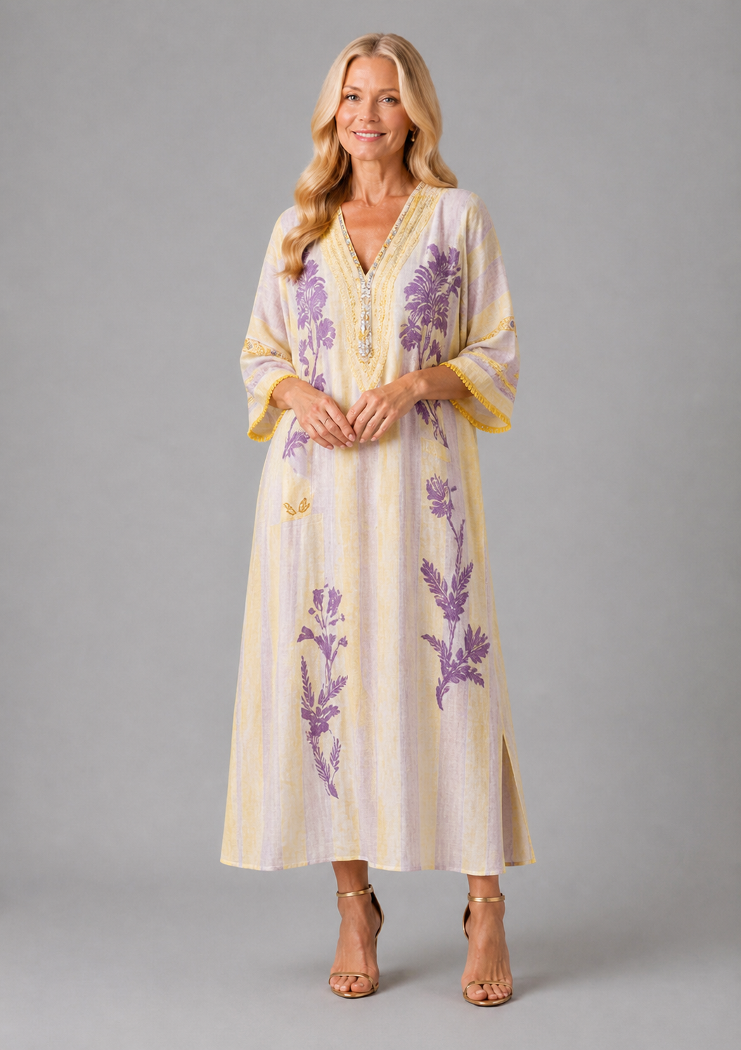 Aurelia | V Neck Half Sleeve Striped Floral Maxi Dress