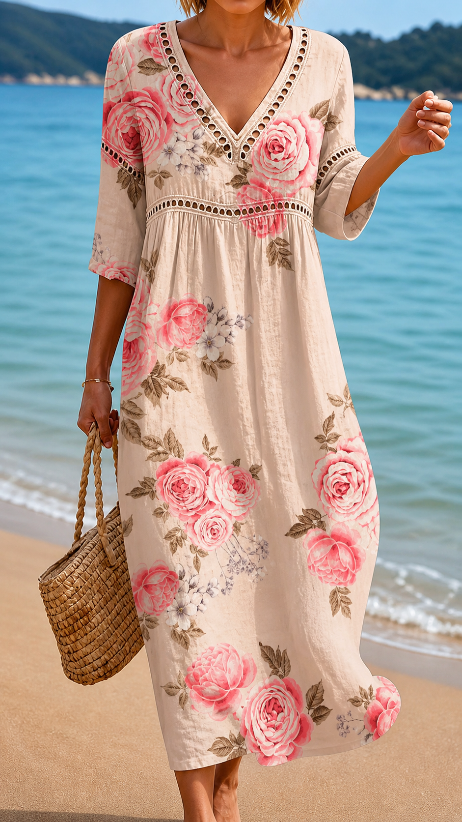 Soft Midi Dress with Elegant Roses