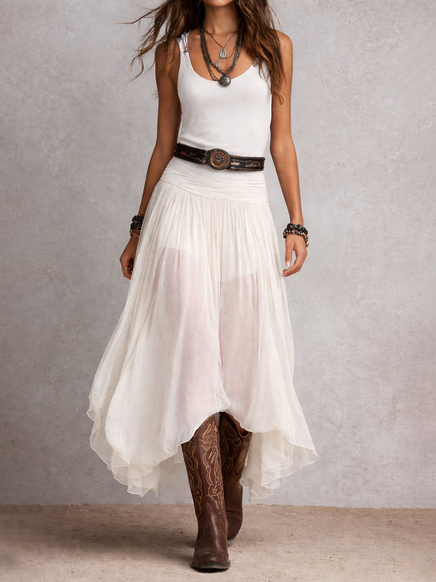 Black Boho Western Stretchy Maxi Dress with Sheer Skirt