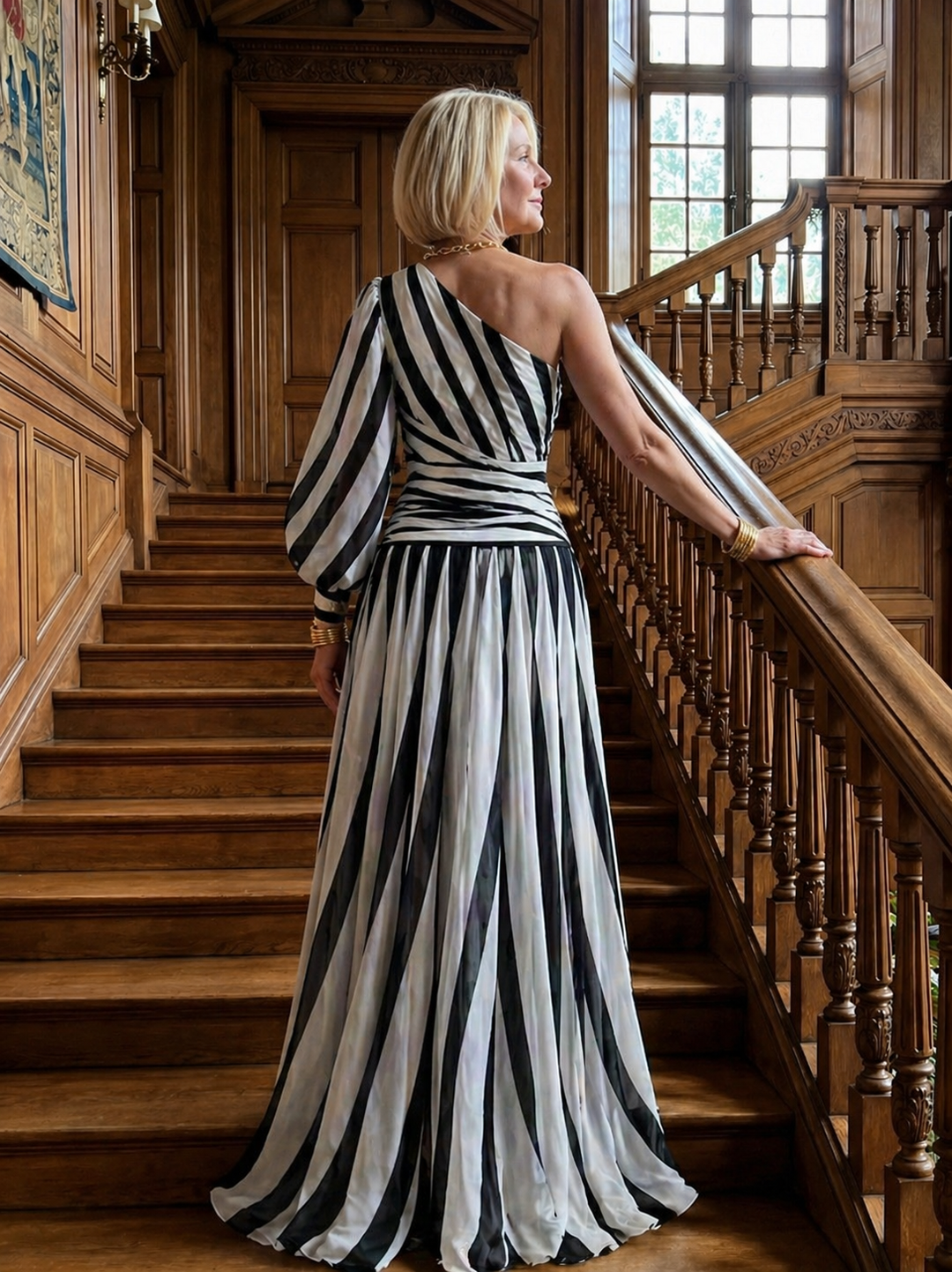 Pearl |Elegant Striped Maxi Dress with One Shoulder