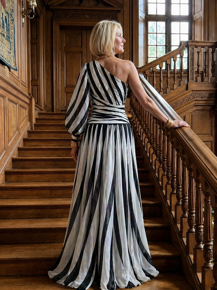 Pearl |Elegant Striped Maxi Dress with One Shoulder