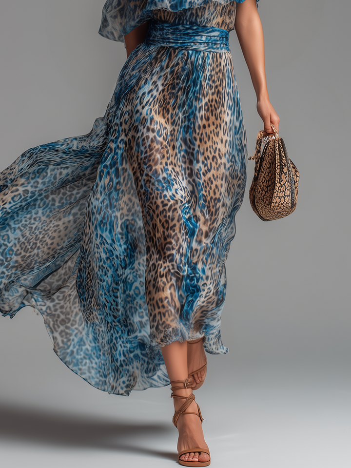 Selena™ | Leopard Print Chiffon Off-Shoulder Maxi Dress