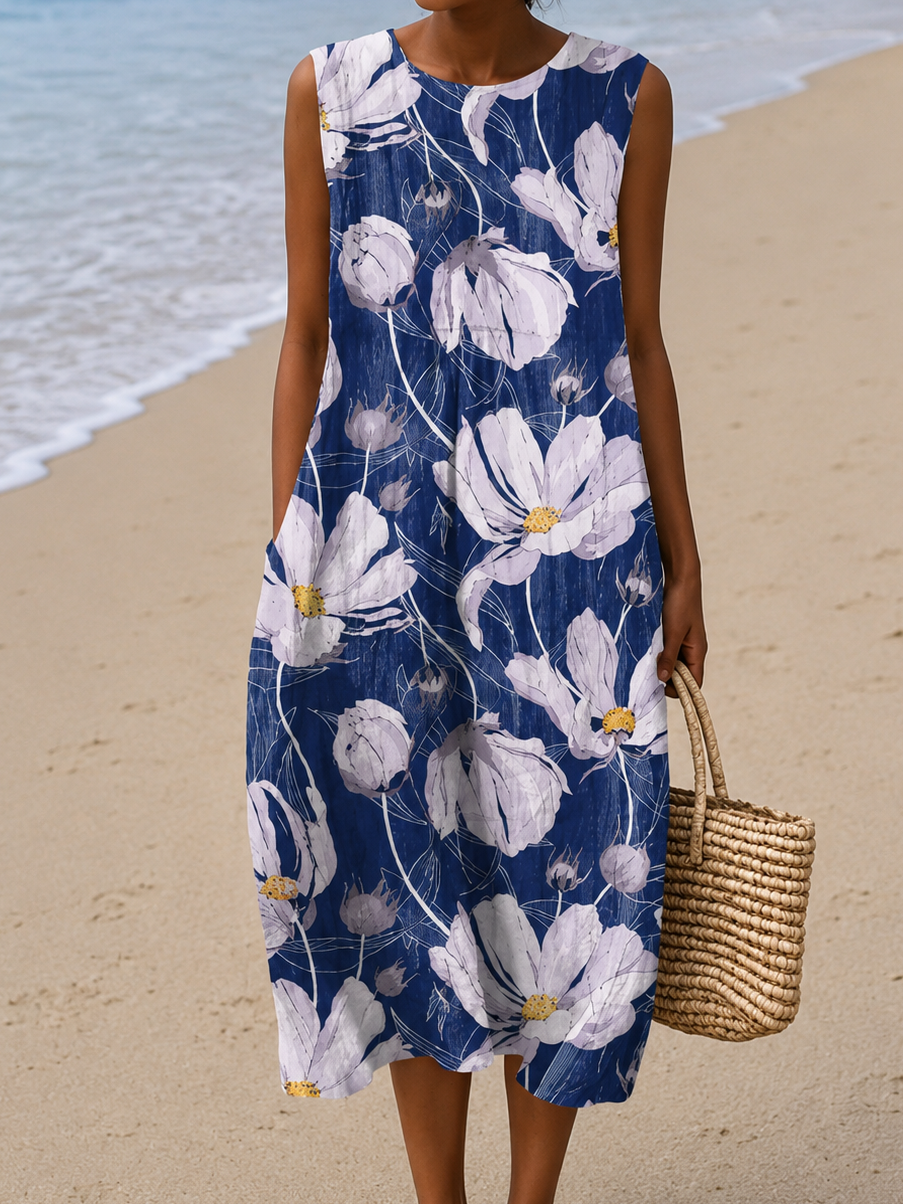 Alice - Women's Sleeveless Printed Beach Midi Dress Loose