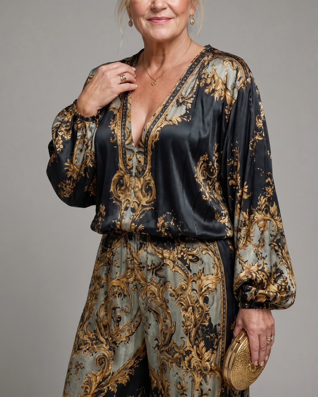 Valoria | Baroque Print Blouse And Wide Leg Pants Set