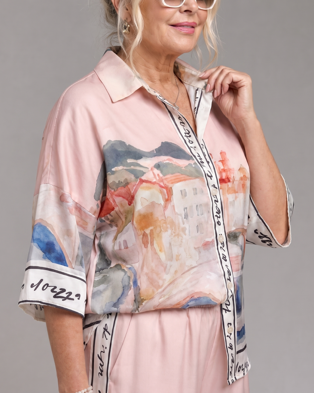 Akela | Scenic Print Button Front Shirt And Wide Leg Pants Set