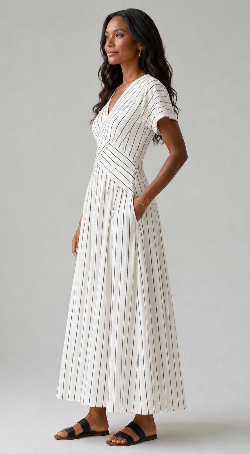 Cressida | V Neck Short Sleeve Cross Waist Midi Dress