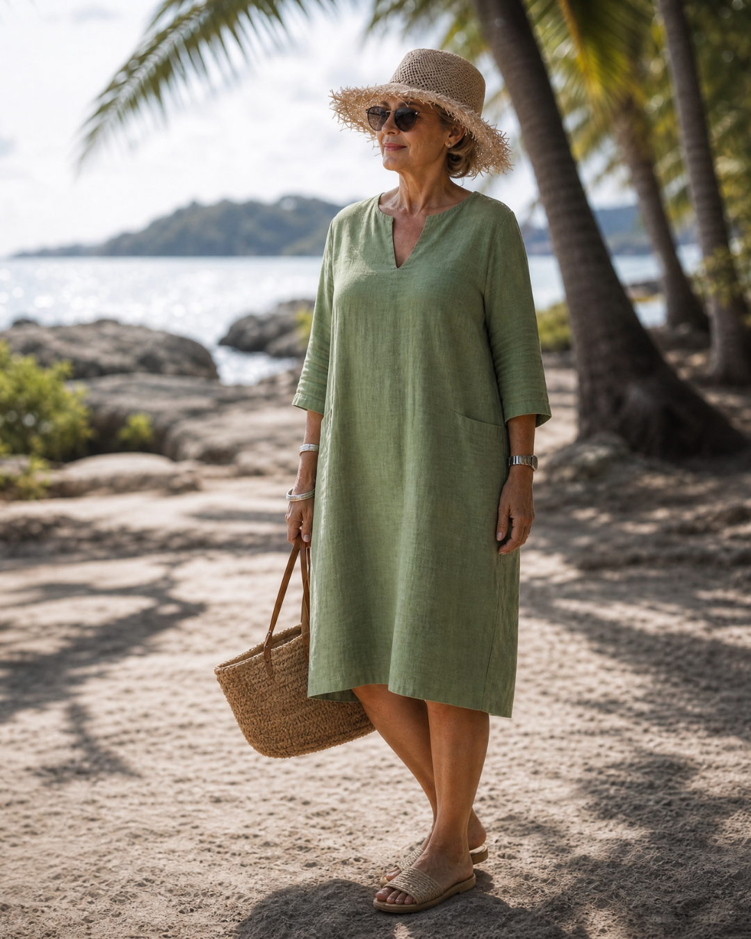 Elixir | Textured V Neck Three Quarter Sleeve Knee Length Dress