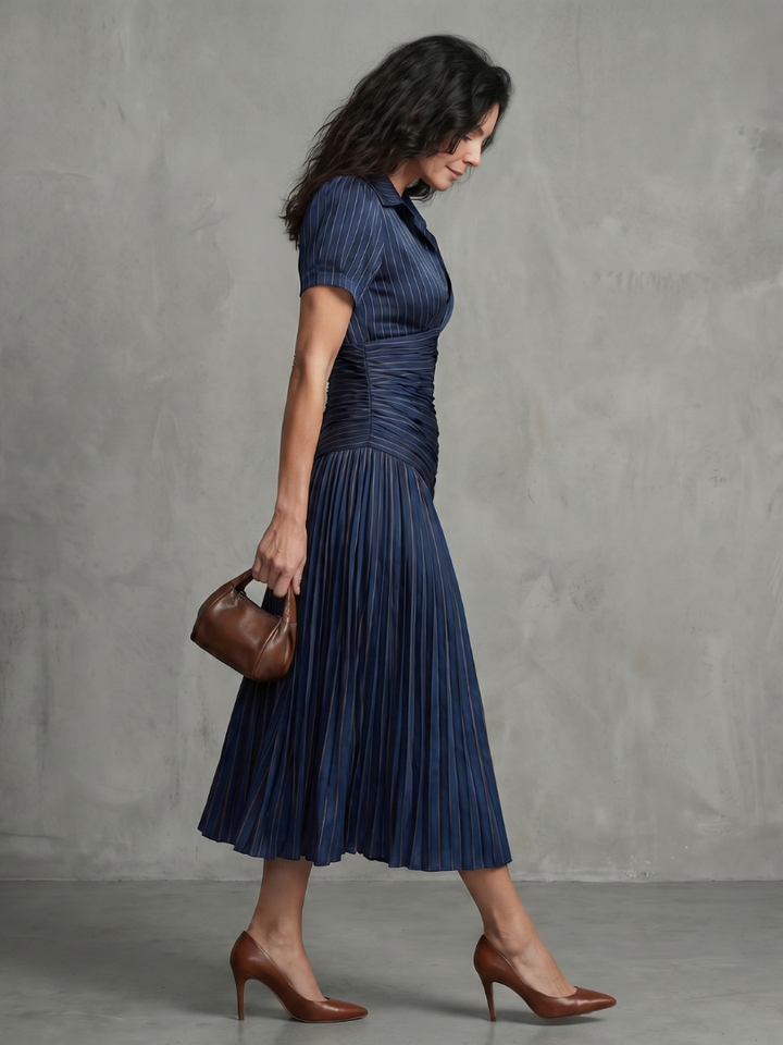 Theodora™ | Pleated Waist Stripe Midi Dress