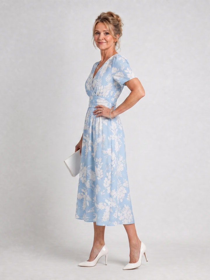 Marion | Floral Print Short Sleeve V Neck Midi Dress