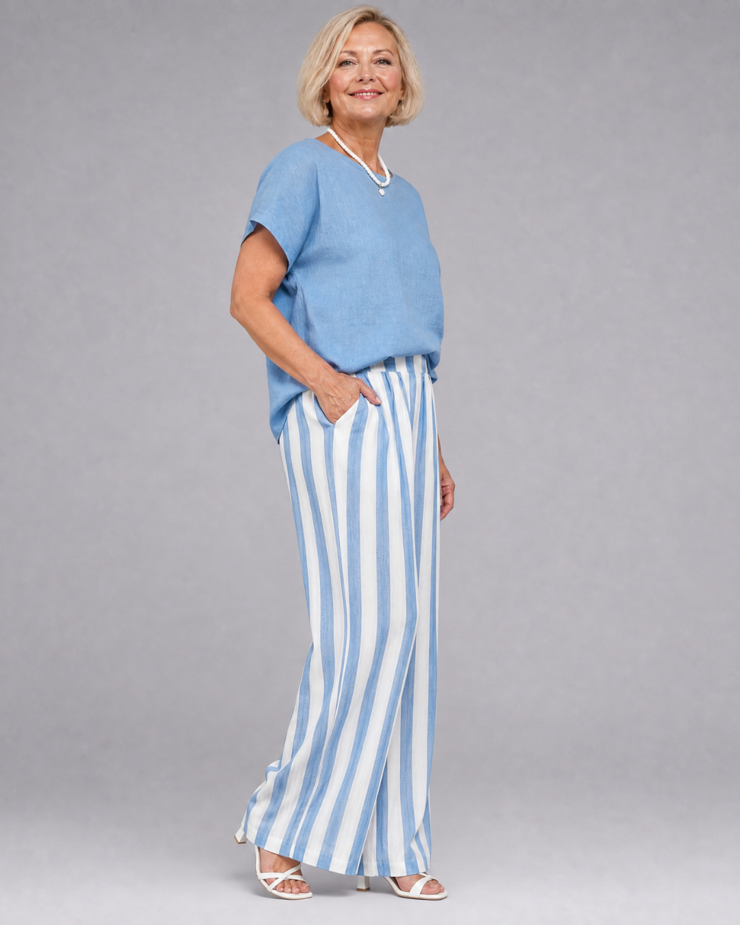 Miolna | Linen Blend Top And Striped Wide Leg Pants Set