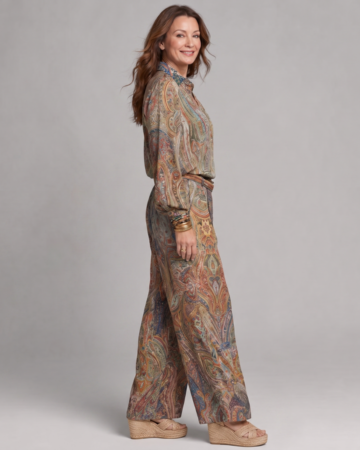 Virezza | Ornate Paisley Print Blouse And Wide Leg Pants Set