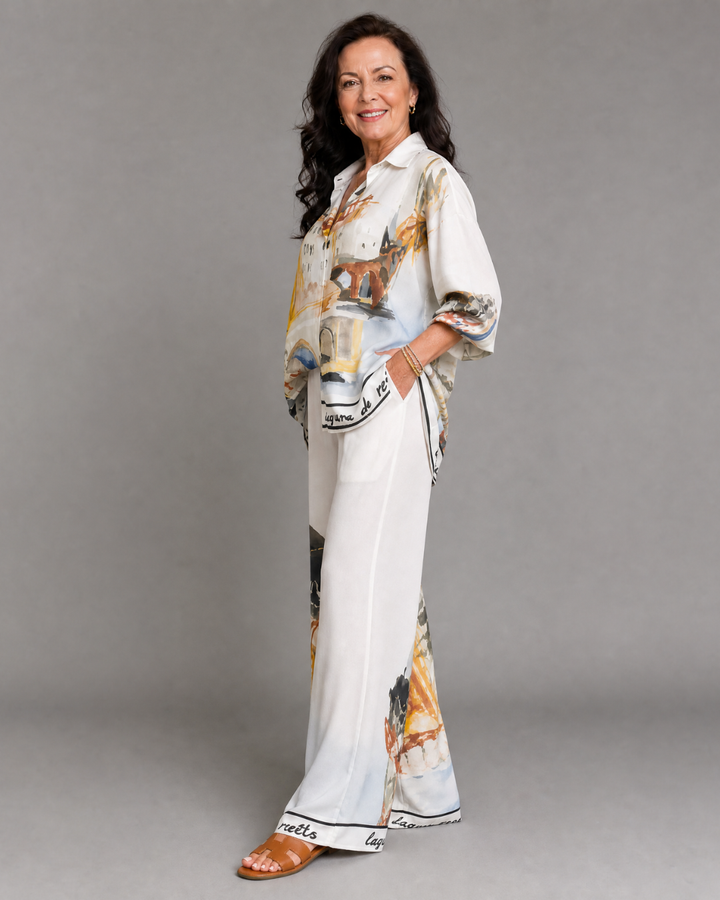 Calyra | Artistic Print Blouse And Wide Leg Pants Set