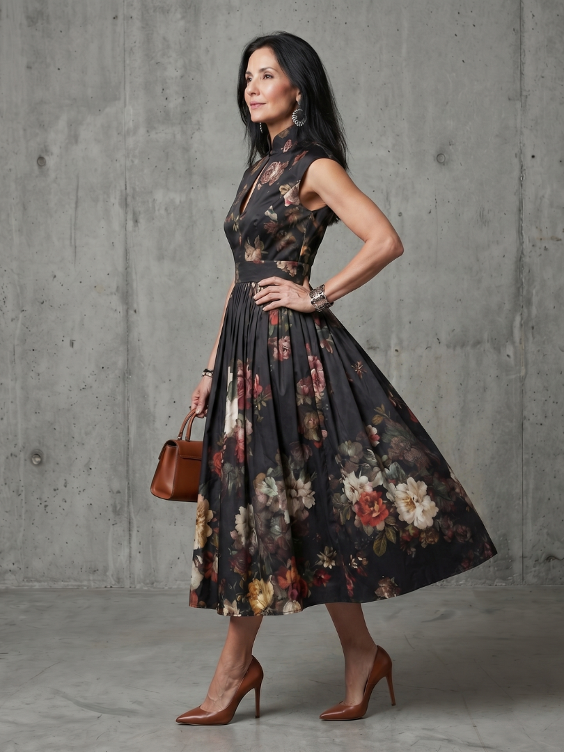 Greta™ | High Neck Keyhole Floral Midi Dress
