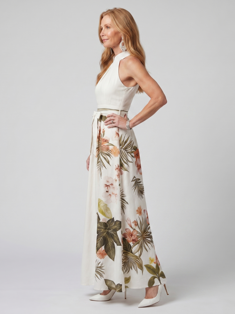 Meadow | Draped Halter Botanical Panel Maxi Dress