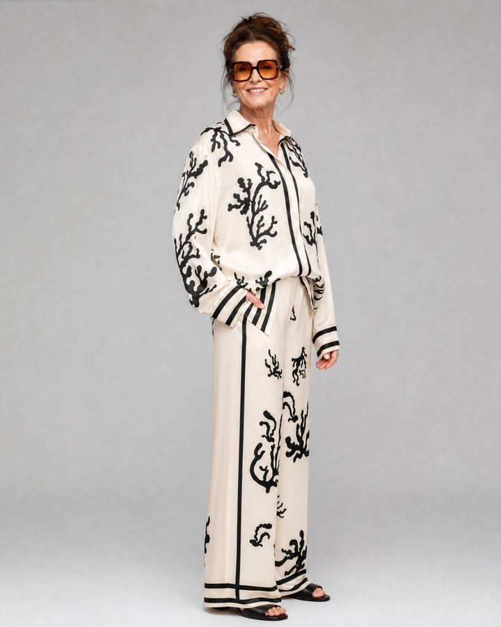 Omeni | Abstract Coastal Print Shirt And Wide Leg Pants Set