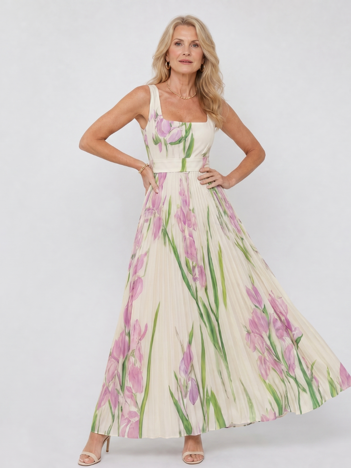 Vimele | Pleated Sleeveless Square Neck Midi Dress
