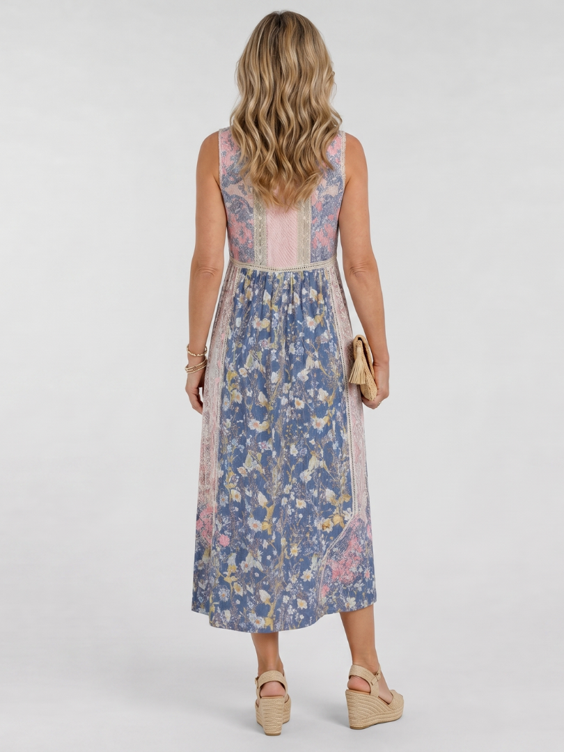 Lemez | Mixed Floral Sleeveless Button Detail Midi Dress