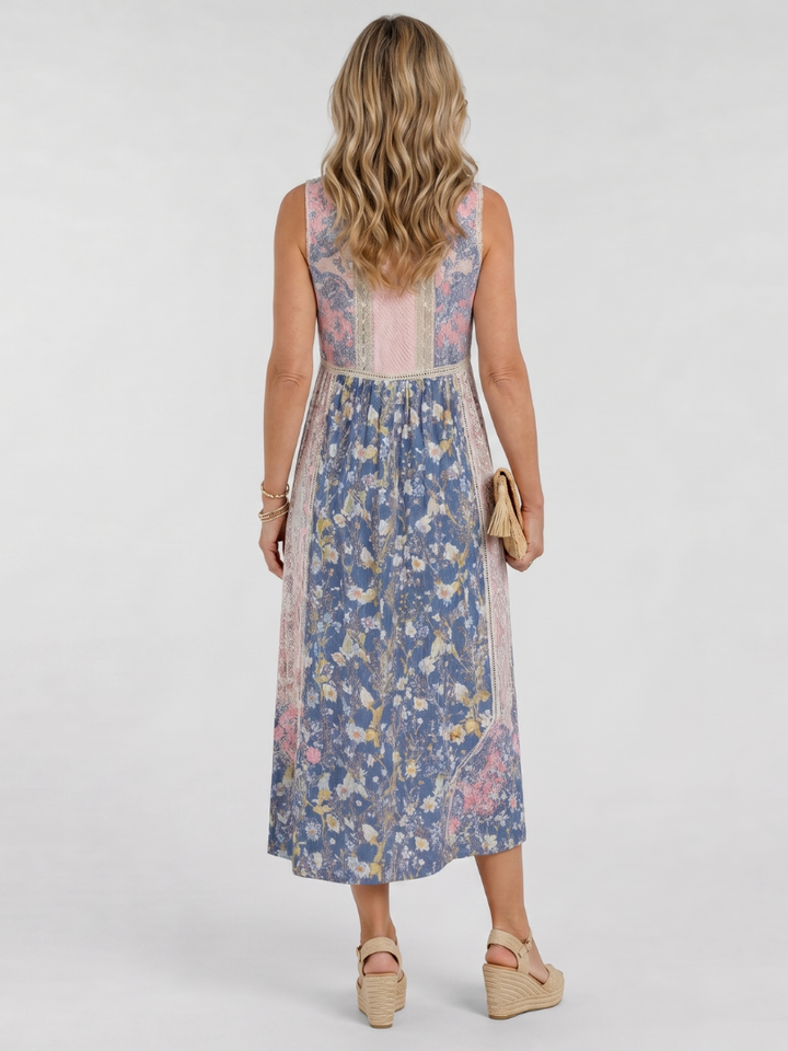 Lemez | Mixed Floral Sleeveless Button Detail Midi Dress