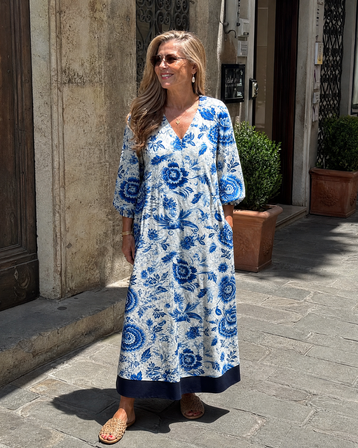 Celope | Blue Porcelain Floral Pocket Detail Midi Dress