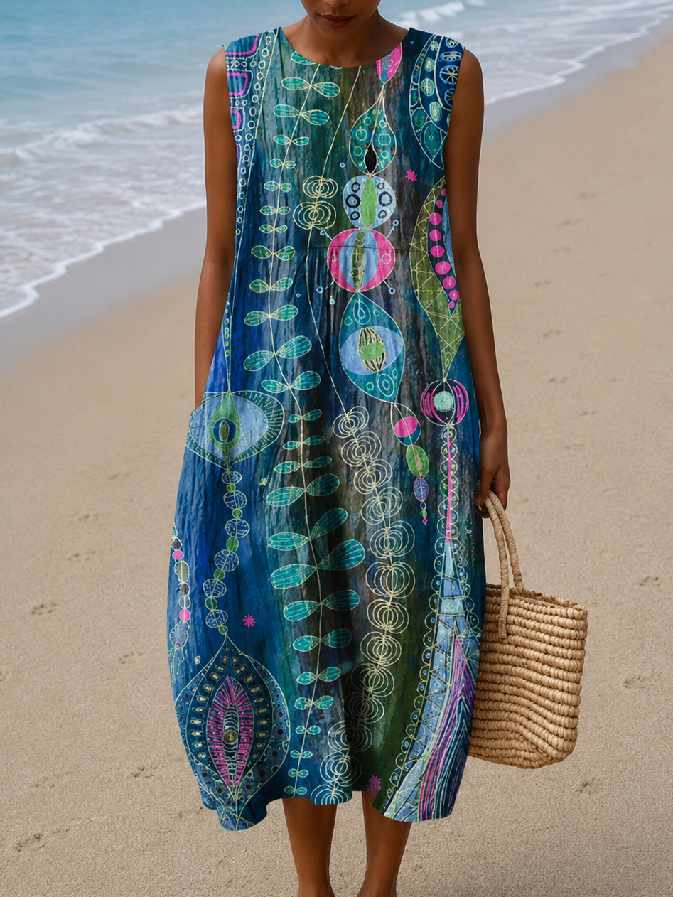 Anna - Women's Sleeveless Printed Beach Midi Dress Loose