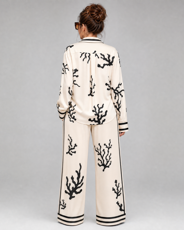 Omeni | Abstract Coastal Print Shirt And Wide Leg Pants Set