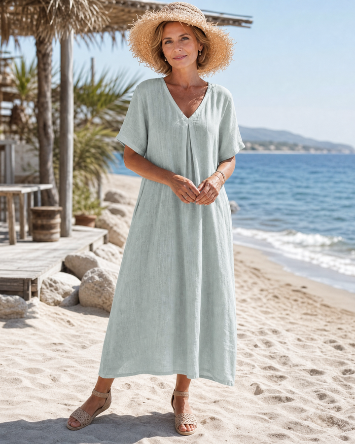 Thamal | Washed Cotton Blend V Neck Relaxed Midi Dress